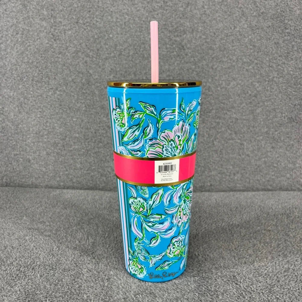 Lilly‎ Pulitzer Tumbler with Straw OS Blue Chick Magnet Floral 24 oz Travel Cup